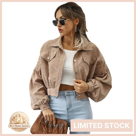 Cropped Corduroy Jacket Loose Fit Puff Sleeve Shacket Classic Button Down